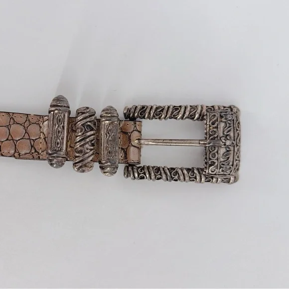 Street Ahead Vintage Croc Embossed Leather Belt Silver Statement Hardware L - Picture 4 of 8